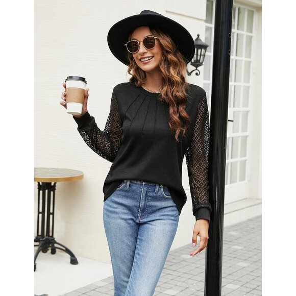 Women's Waffle Knit Tops Dressy Business Casual Blouses Lace Long Sleeve Black - Picture 2 of 8